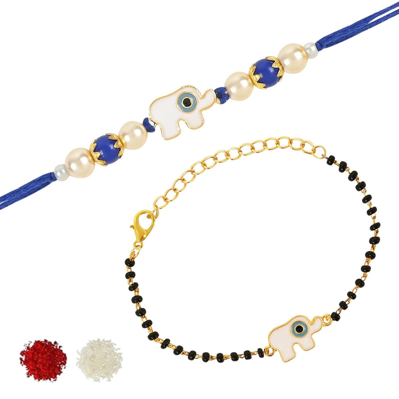 Etnico I Jewels Designer Enamel Elephant Shape Evil Eye Bhaiya Bhabhi Mangalsutra Bracelet Rakhi Set With Roli Chawal & Rakshabandhan Card For Brother/Bro/Men (R132-CO)