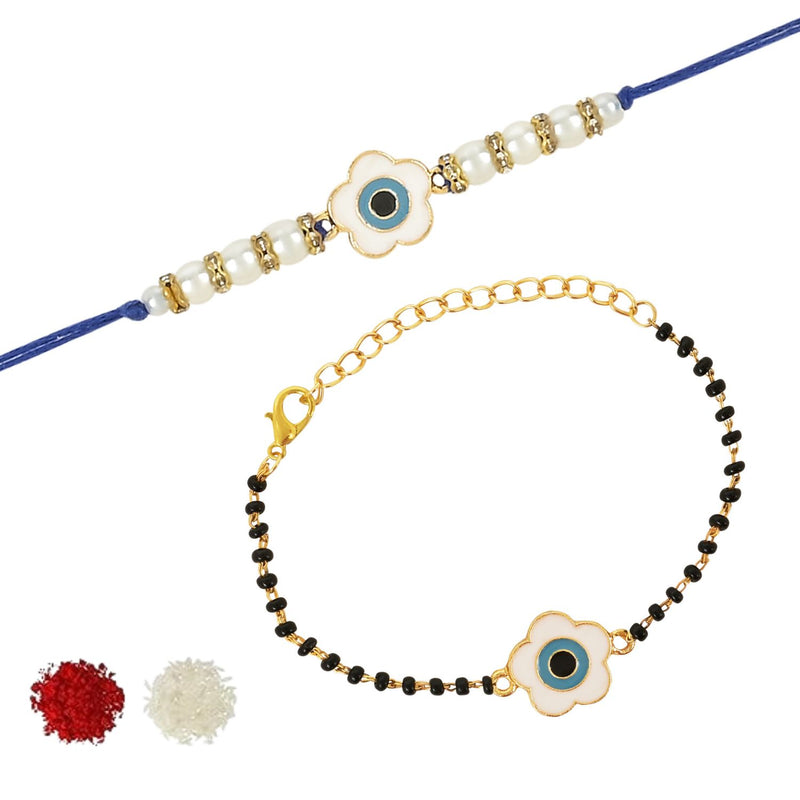 Etnico I Jewels Designer Enamel Floral Evil Eye Bhaiya Bhabhi Mangalsutra Bracelet Rakhi Set With Roli Chawal & Rakshabandhan Card For Brother/Bro/Men (R133-CO)