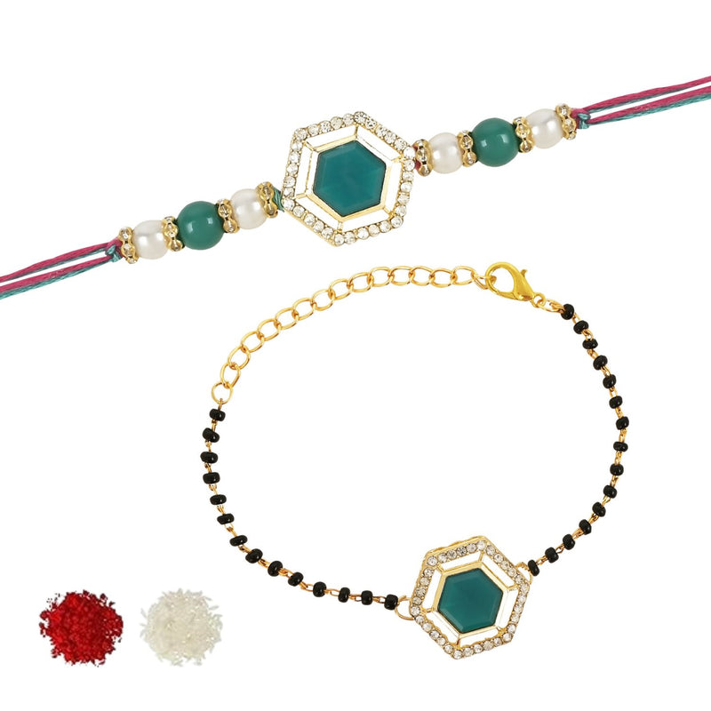 Etnico I Jewels Elegant Kundan Stone Bhaiya Bhabhi Mangalsutra Bracelet Rakhi Set With Roli Chawal & Rakshabandhan Card For Brother/Bro/Men (R134-CO)