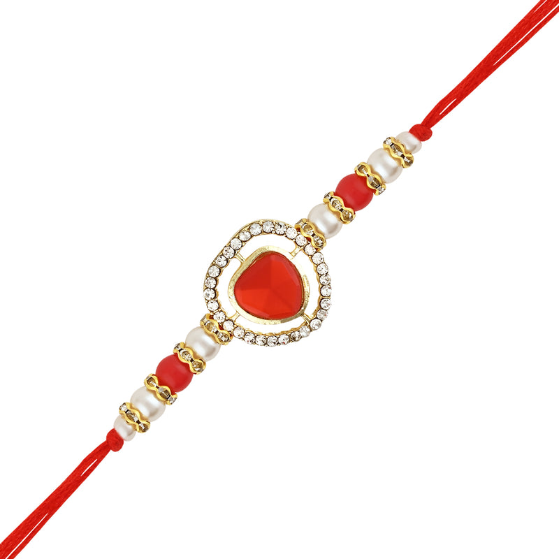 Etnico I Jewels Designer Kundan & Pearl Hanging Bhaiya Bhabhi Lumba Rakhi Set with Roli Chawal and Rakshabandhan Card (R140R-CO)