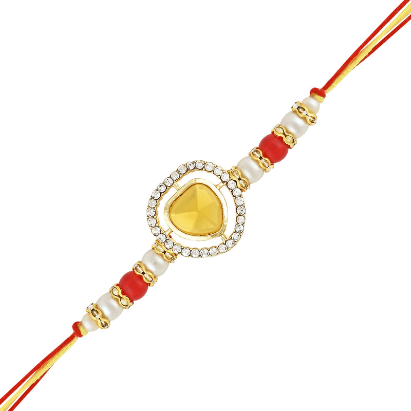 Etnico I Jewels Designer Kundan & Pearl Hanging Bhaiya Bhabhi Lumba Rakhi Set with Roli Chawal and Rakshabandhan Card (R140Y-CO)