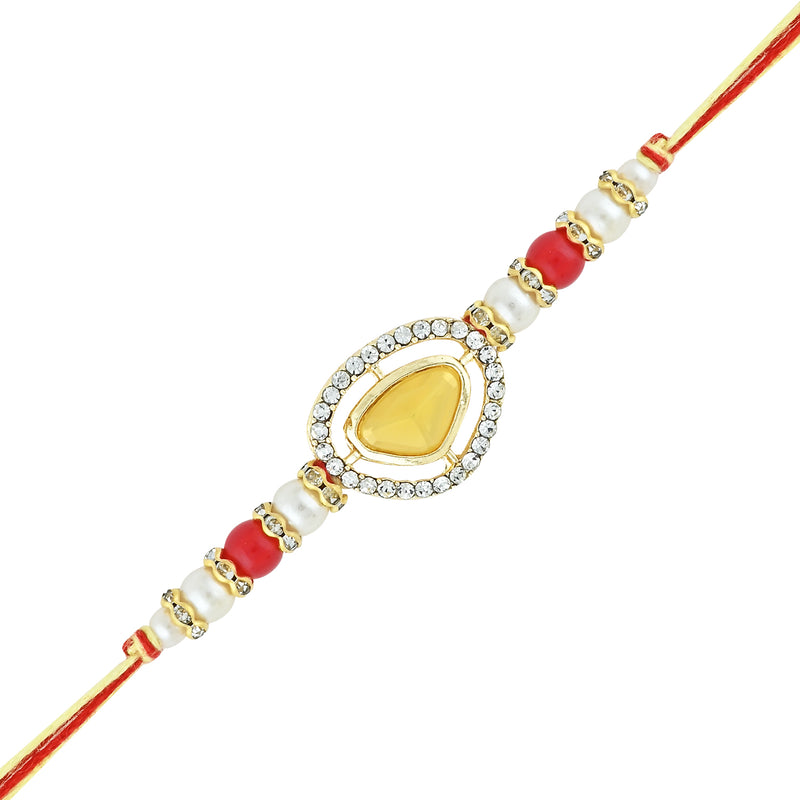 Etnico I Jewels Designer Kundan & Pearl Hanging Bhaiya Bhabhi Lumba Rakhi Set with Roli Chawal and Rakshabandhan Card (R141Y-CO)