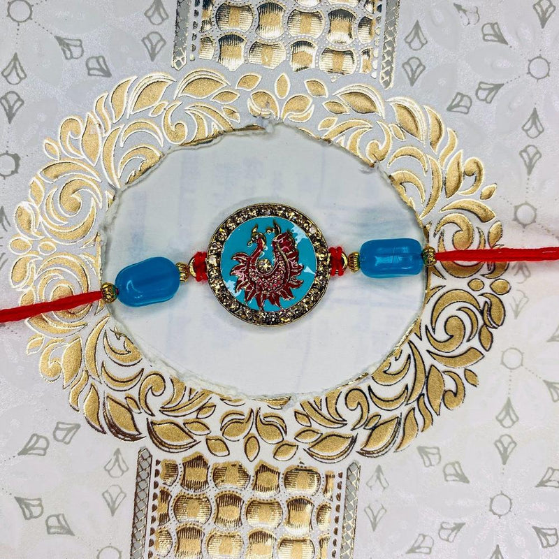 Mahi Meenakari Work Enamel Round and Peacock-Shaped Rakshabandhan Rakhi for Brother, Bhai, Bro (RA1100739G)