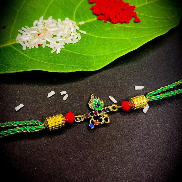 Mahi OM Lord Krishna Flute and Meenakari Mor Pankh Rakhi with Crystals for Brother, Bhai, Bro (RA1100760G)