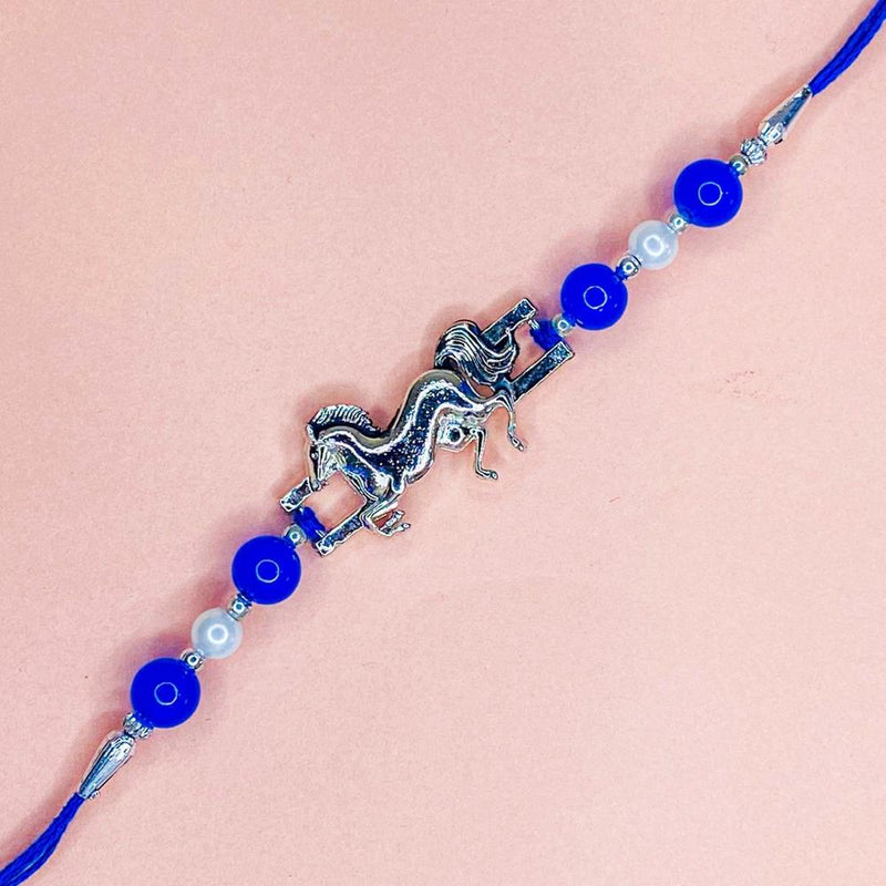 Mahi Running Horse-Shaped Rakhi with Blue and White Artificial Pearl Rakhi for Brother, Bhai, Bro (RA1100766R)