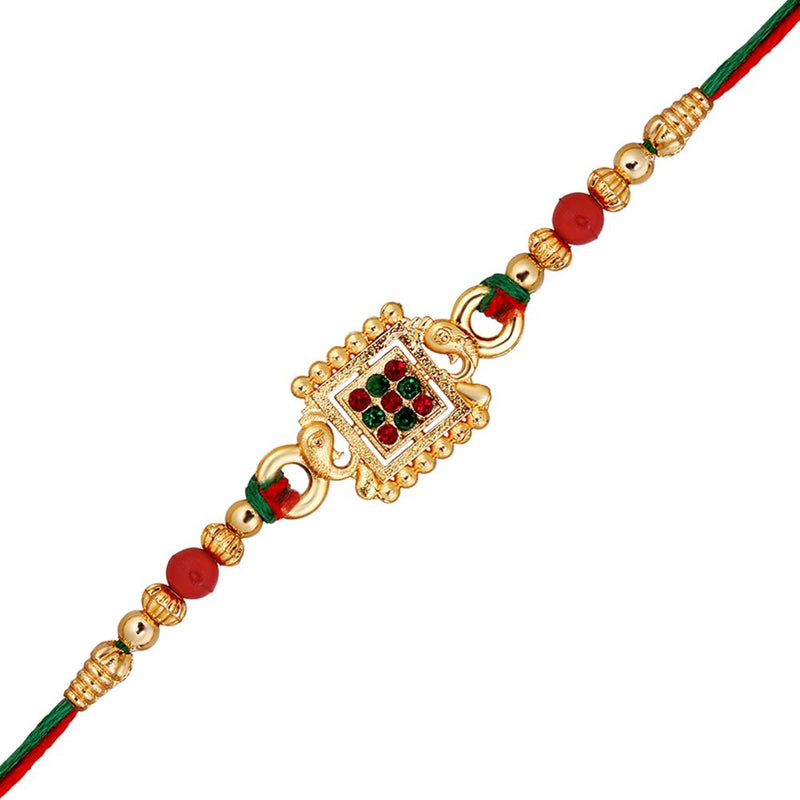 Mahi Square and Elephant-Face-Shaped Rakhi with Colorful Crystals for Brother, Bhai, Bro (RA1100770GMul)