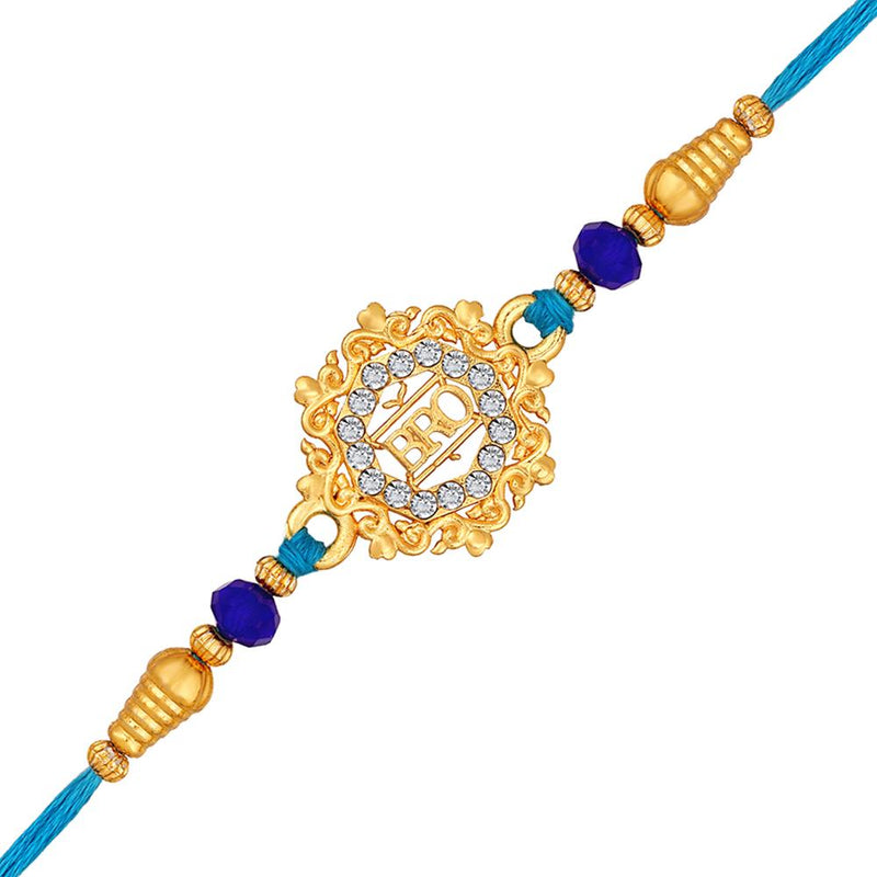 Mahi Gold Plated Floral and Bro Engraved Rakhi with White Shiny Crystals for Brother, Bhai, Bro (RA1100771G)