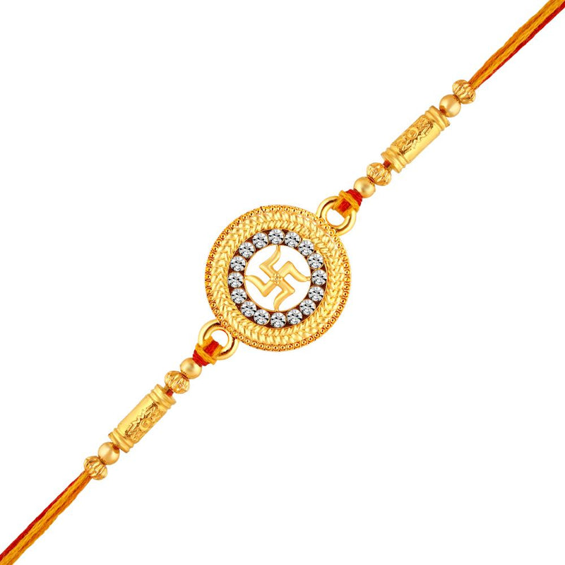 Mahi Gold Plated Round and Swastik Crystal Studded Rakhi for Brother, Bhai, Bro (RA1100778G)