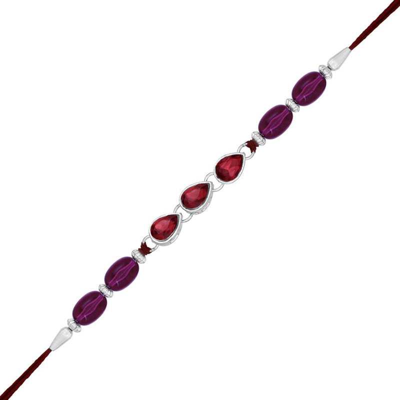 Mahi Rhodium Plated Maroon Water Drop Shape Crystal Rakhi for Bhaiya, Brother, Bhai, Bro (RA1100782RMar)