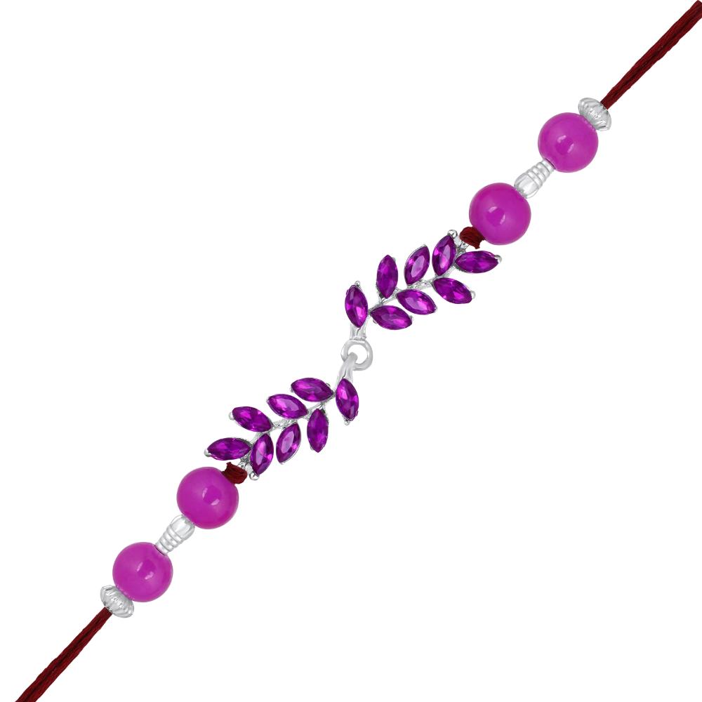 Mahi Rhodium Plated Leafy Shape Purple Crystals Rakhi for Bhaiya, Brother, Bhai, Bro (RA1100784RPur)