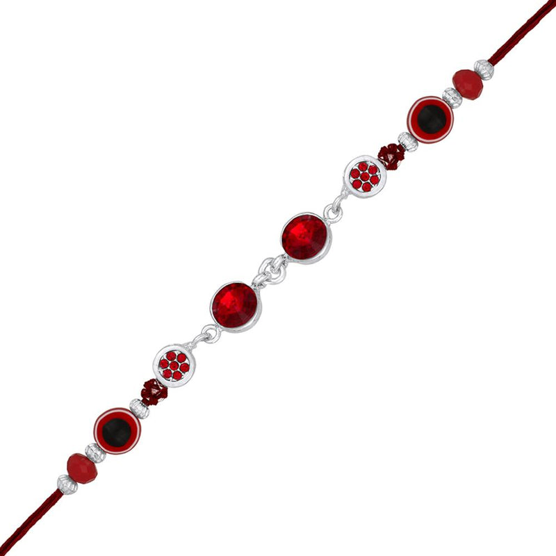 Mahi Rhodium Plated Red Crystals Studded Evil Eye Rakhi for Bhaiya, Brother, Bhai, Bro (RA1100786RRed)