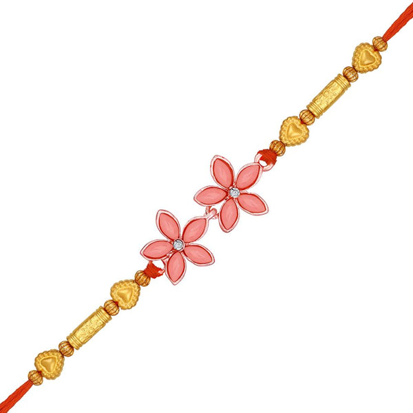 Mahi Gold Plated Carrot Pink Crystals Floral Rakhi for Bhaiya, Brother, Bhai, Bro (RA1100790G)