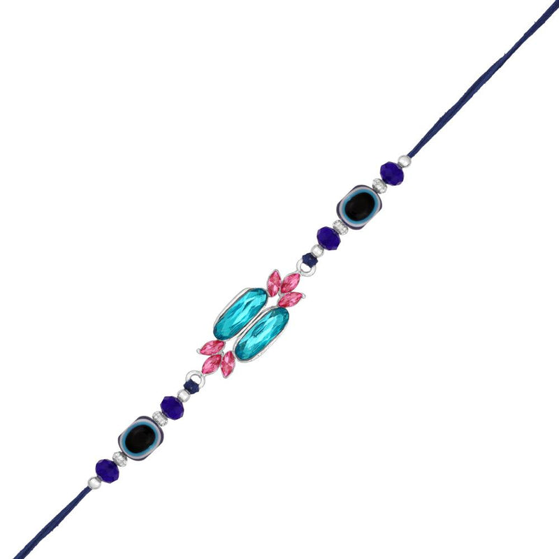 Mahi Rhodium Plated Simple and Classic Blue Crystals and Evil Eye Rakhi for Bhaiya, Brother, Bhai, Bro (RA1100800R)