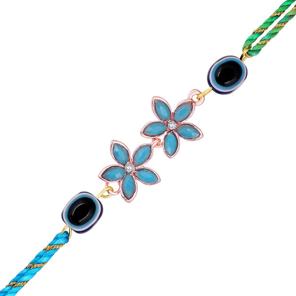 Mahi Rose Gold Plated Blue Crystals Floral with Evil Eye Lumba Rakhi for Bhaiya, Brother, Bhai, Bro (RA1100806ZBlu)