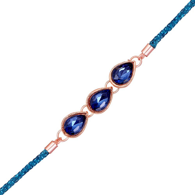 Mahi Rose Gold Plated Sapphire Blue Water Drop Shape Crystal Bracelet Rakhi for Bhaiya, Brother, Bhai, Bro (RA1100808ZBlu)