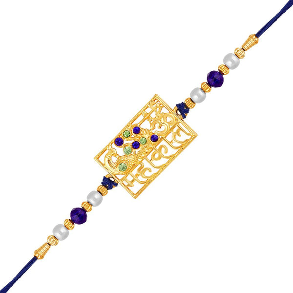 Mahi Gold Plated Peacock-Shaped OM and Mahakal Engraved Crystals Studded Rakhi for Brother, Bhai, Bro (RA1100820GMul)