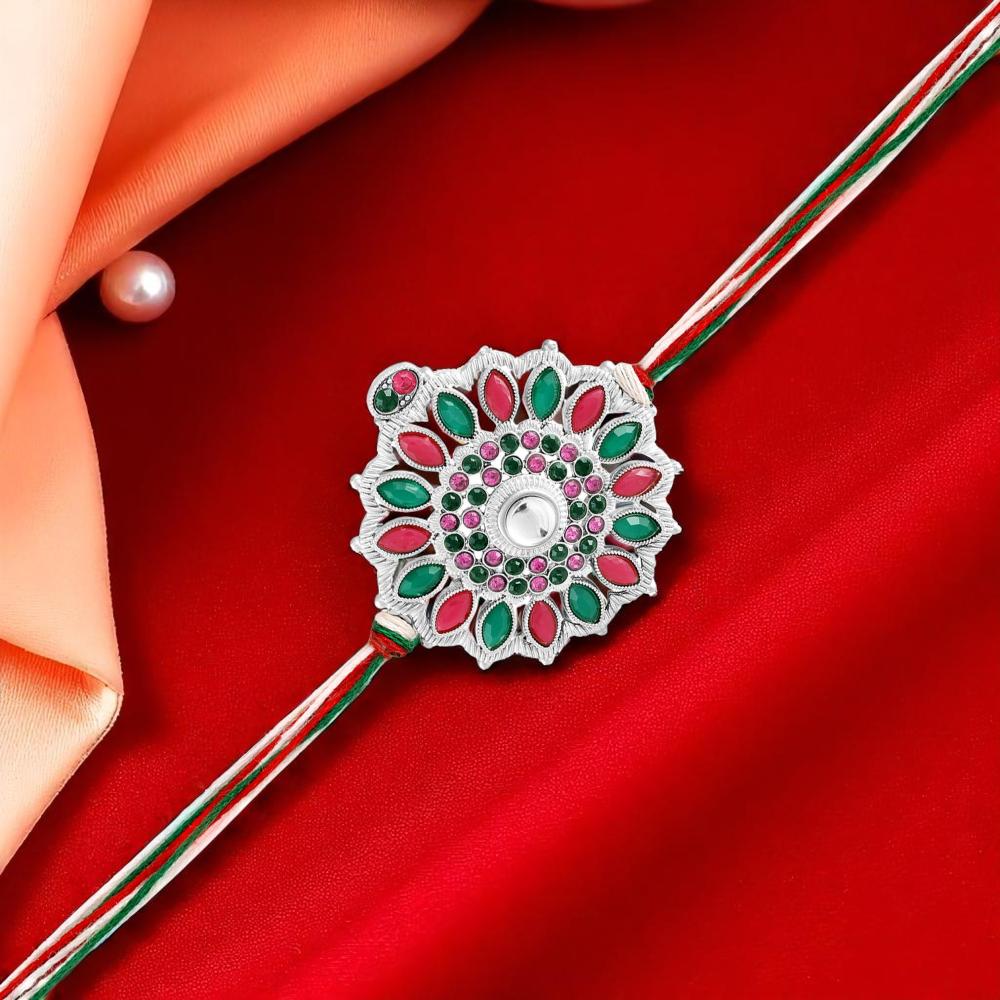 Mahi Multicolor Floral Rakhi for Brother | Silver-Toned Mandala Design with Green & Pink Stones on Tricolor Thread (RA1100832RMul)