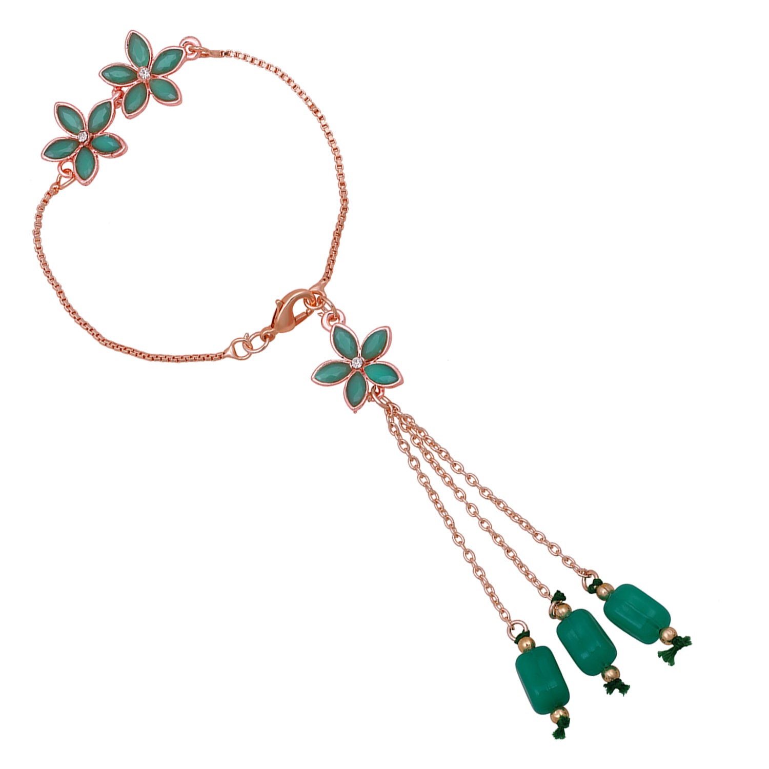 Mahi Rose Gold Plated Green Crystals Floral Lumba Rakhi for Bhabhi (RAL1100711ZGre)