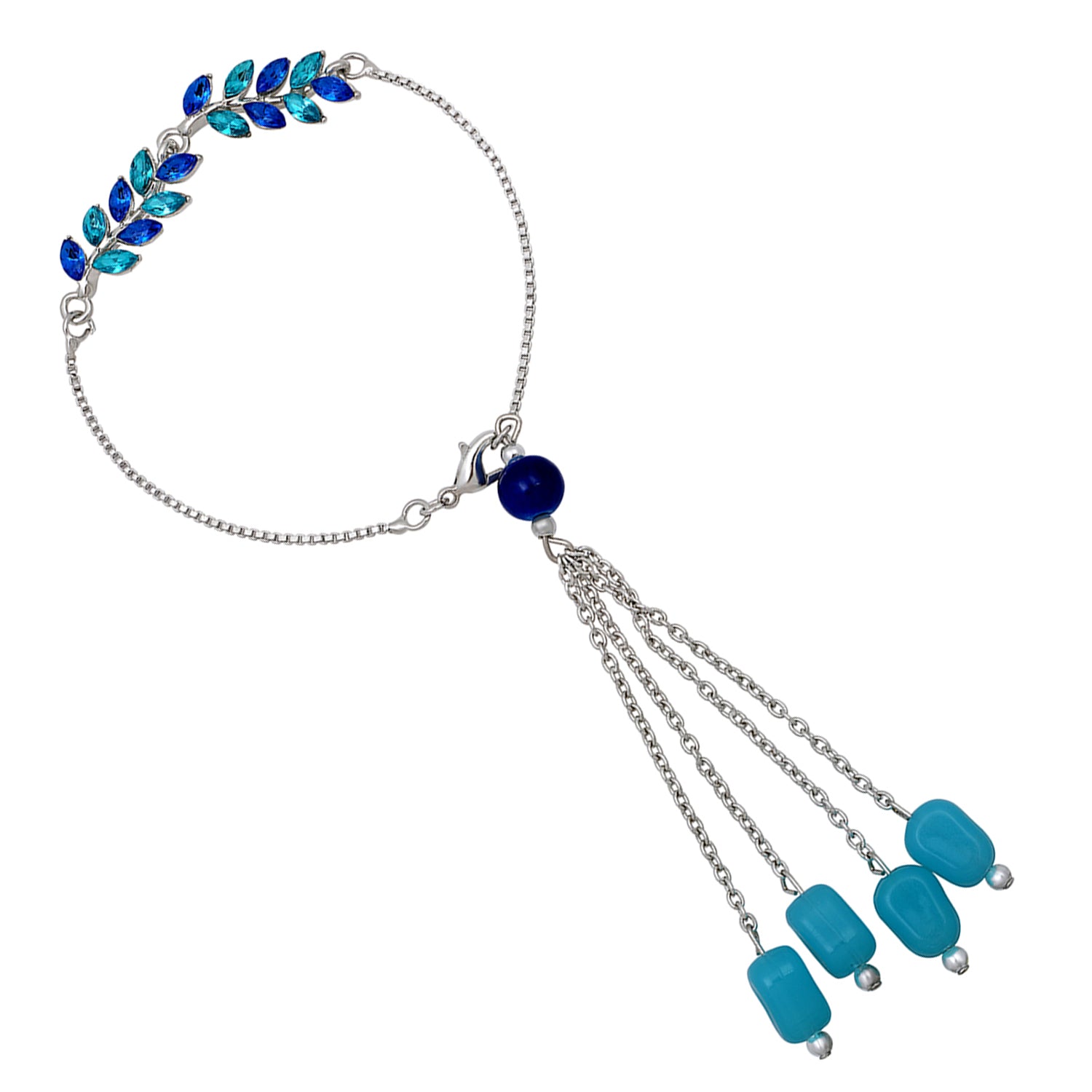 Mahi Light and Dark Blue Leafy Shape Crystals Lumba Rakhi for Bhabhi (RAL1100712RBlu)