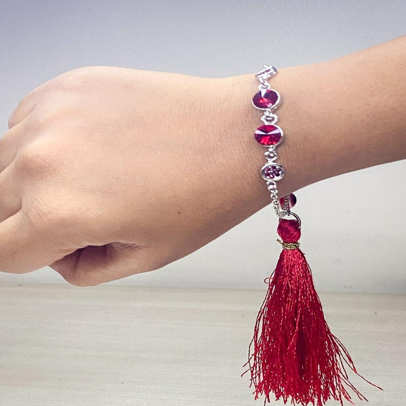 Mahi Rhodium Plated Red Crystals Studded Evil Eye Lumba Rakhi with Tassel for Bhabhi (RAL1100787RRed)