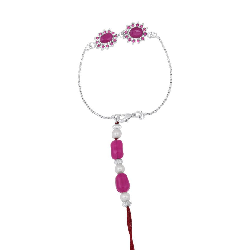 Mahi Gold Plated Pink Crystals Floral Lumba Rakhi for Bhabhi (RAL1100789RPin)