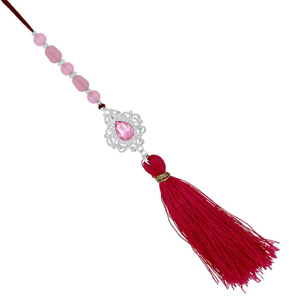 Mahi Rhodium Plated Pink Crystals Studded Simple and Classic Lumba Tassel Rakhi for Bhabhi (RAL1100799RPin)