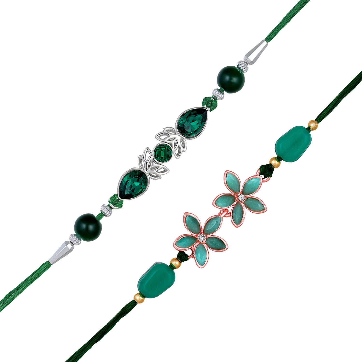 Mahi Combo of Two Beautiful Rakhis with Green and White Crystals for Brothers (RCO1105524M)