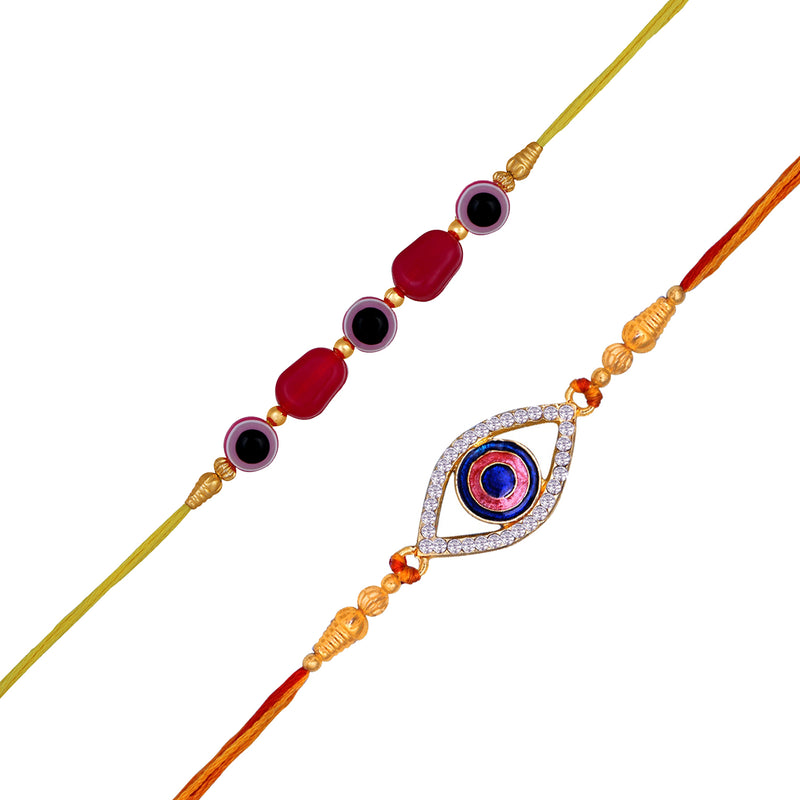 Mahi Combo of 2 Meenakari Work Evil Eye Nazariya Rakhis with Pink and White Crystals for Bhaiya (RCO1105529G)