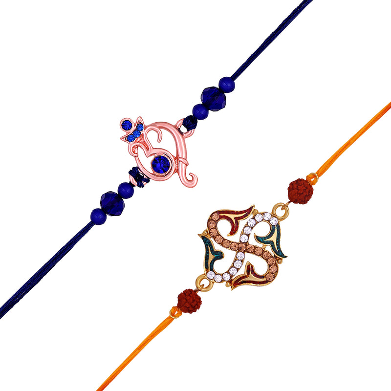 Mahi Combo of Ganesha and Swastik Rakhis with Meenakari Work Crystals and Rudraksha for Bhaiya (RCO1105533M)