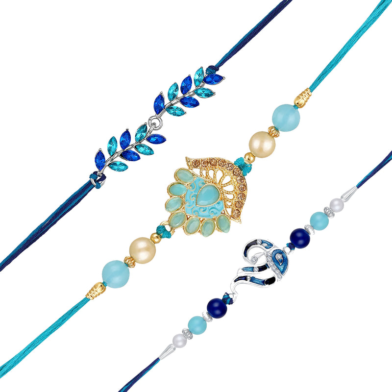 Mahi Combo of Floral, Leaf and Peacock Shaped Rakhis with Blue and White Crystals for Bhai (RCO1105537M)
