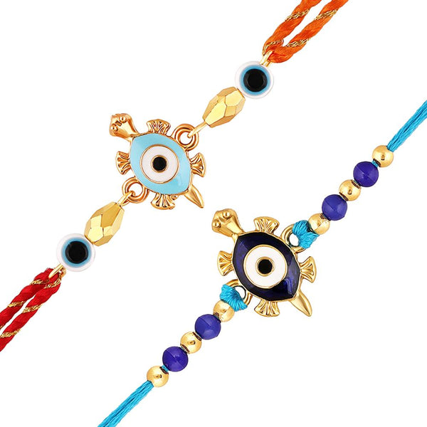 Mahi Combo of 2 Evil Eye and Tortoise-Shaped Rakhis with Meena Work Enamel for Bhaiya, Brother, Bhai, Bro (RCO1105688G)