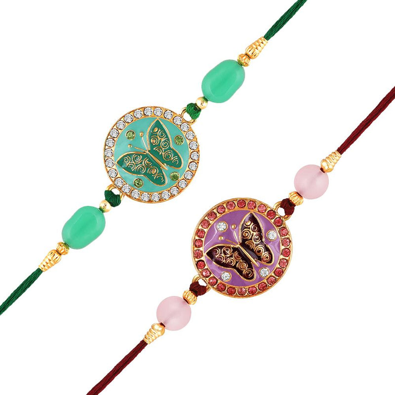 Mahi Combo of 2 Round and Butterfly-Shaped Rakhi's with Meenakari Work and Shiny Crystals for Bhaiya, Brother, Bhai, Bro (RCO1105690G)