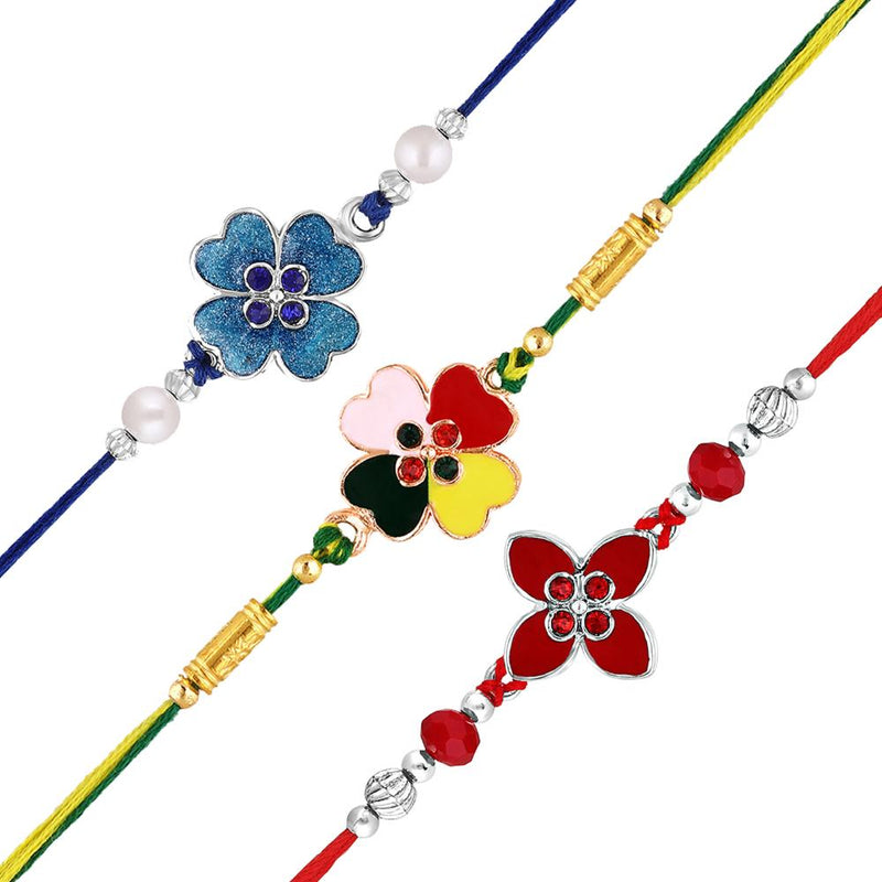 Mahi Meenakari Work Enamel Combo of 3 Floral Rakhis with Crystals for Bhaiya, Brother, Bhai, Bro (RCO1105699M)