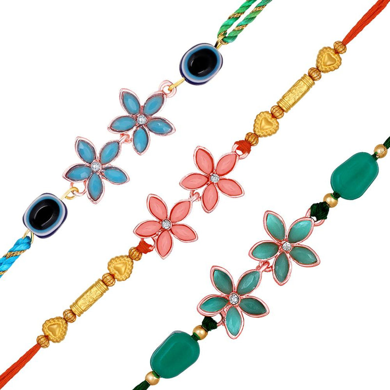 Mahi Combo of 3 Floral and Evil Eye Rakhi with Crystals for Brother, Bhai, Bro (RCO1105705M)