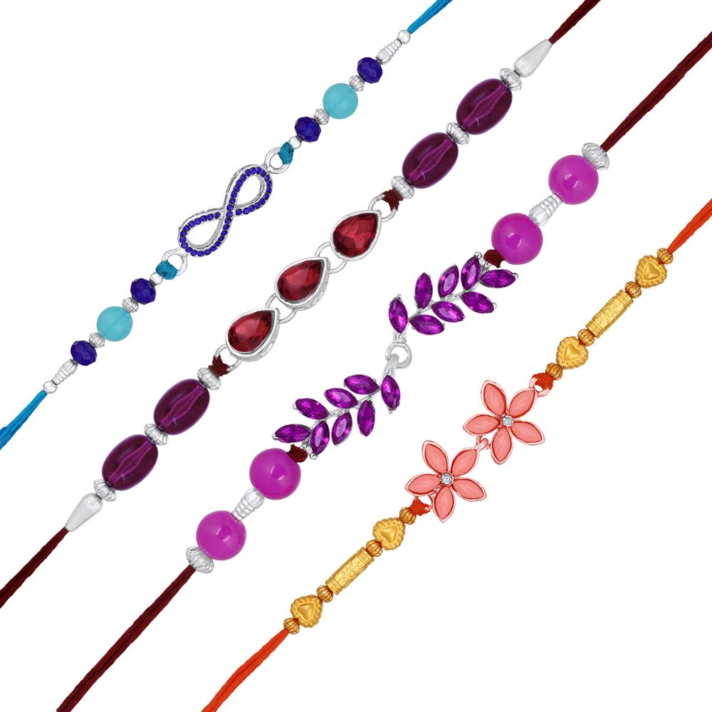 Mahi Combo of 4 Multicolor Crystals Rakhis with Floral, Leaf, Drop and Infinite Design for Brother, Bhai, Bro (RCO1105711M)
