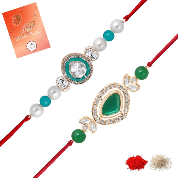 Mahi Gold Plated Classic Kundan Studded Ethnic Thread Rakhi Set for Brother, Bhai, Bro (RCO1105731G)