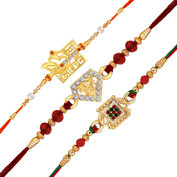 Mahi Combo of 3 Gold Plated Multicolor Crystals Studded Rakhi for Brother, Bhai, Bro (RCO1105739G)