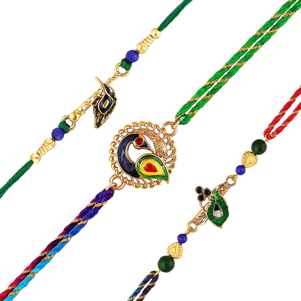 Mahi Peacock-Feather-Theme Rakhi Combo Set of 3 for Brother | Multicolor Traditional Rakhis with Enamel Work (RCO1105819G)