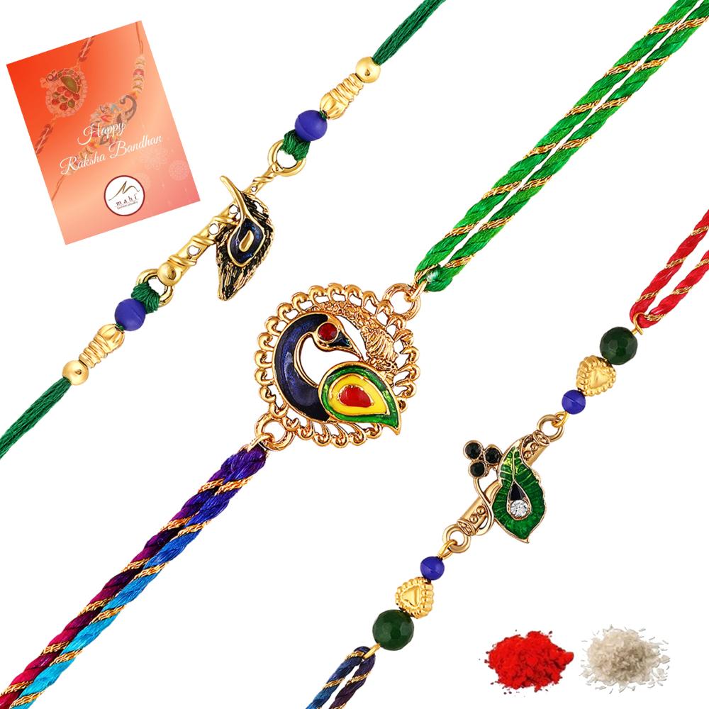 Mahi Peacock-Feather-Theme Rakhi Combo Set of 3 for Brother | Multicolor Traditional Rakhis with Enamel Work (RCO1105819G)