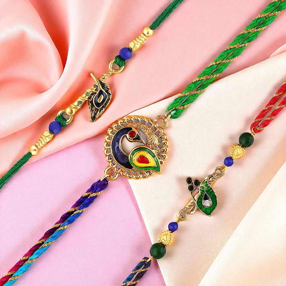 Mahi Peacock-Feather-Theme Rakhi Combo Set of 3 for Brother | Multicolor Traditional Rakhis with Enamel Work (RCO1105819G)