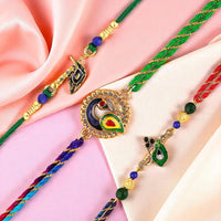Mahi Peacock-Feather-Theme Rakhi Combo Set of 3 for Brother | Multicolor Traditional Rakhis with Enamel Work (RCO1105819G)