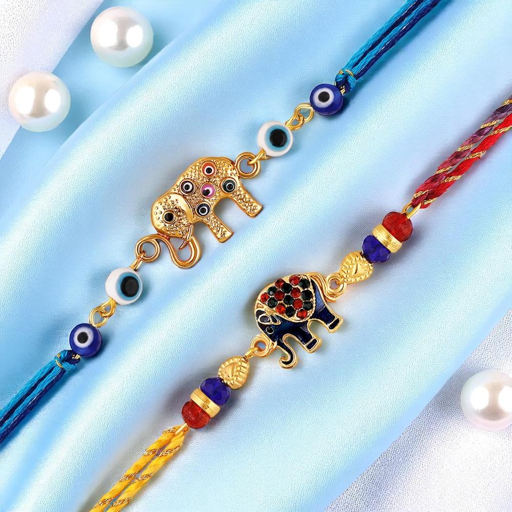 Mahi Elephant Motif Rakhi Combo Set of 2 for Brother | Colorful Enamel & Evil Eye Bead Rakhis (RCO1105823G)