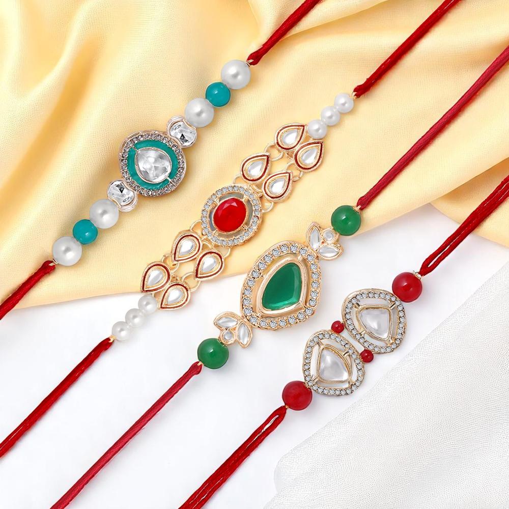 Mahi Elegant Rakhi Combo Set of 4 for Brother | Studded Kundan, Artificial Pearl Trendy Rakhis (RCO1105839G)