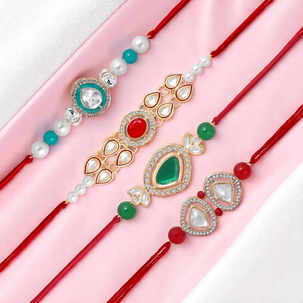 Mahi Elegant Rakhi Combo Set of 4 for Brother | Studded Kundan, Artificial Pearl Trendy Rakhis (RCO1105839G)