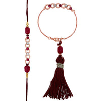 Mahi Rose Gold Plated Pink and White Crystals Lumba and Brother Rakhi Pair for Bhaiya and Bhabhi (RCOL1105522ZPin)