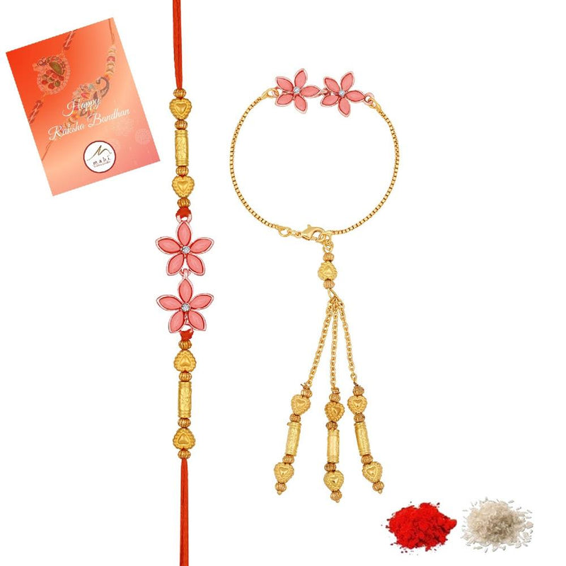 Mahi Carrot Pink Crystals Floral Lumba and Brother Rakhi Set for Bhaiya and Bhabhi (RCOL1105675G)