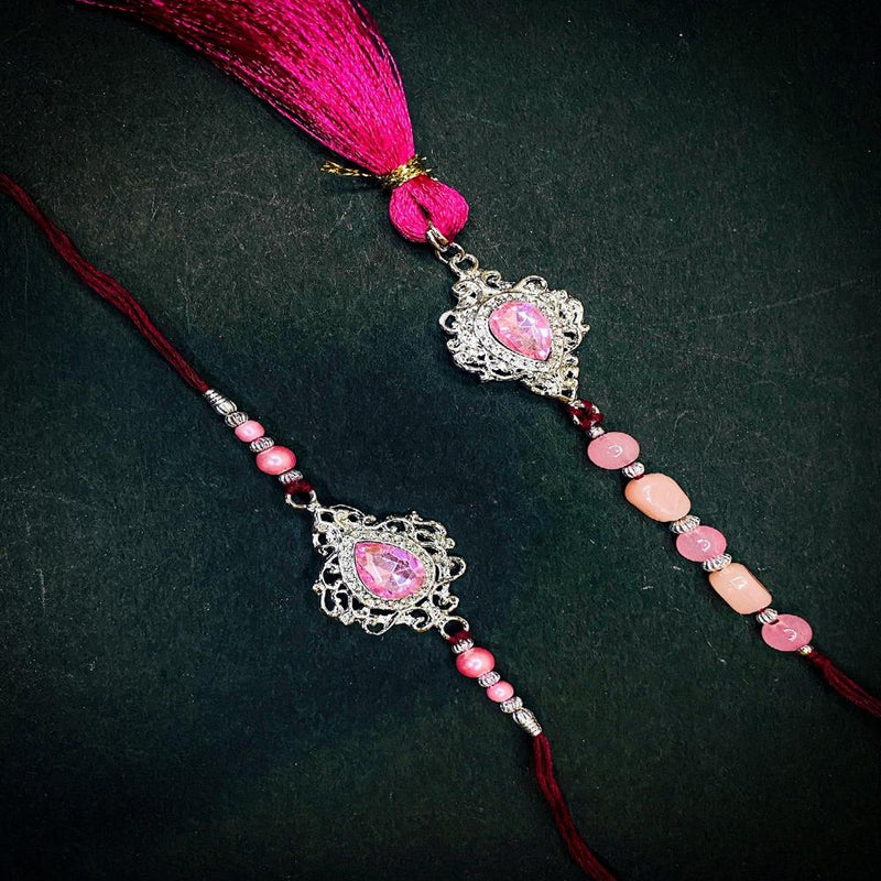 Mahi Pink Crystals Studded Simple and Classic Lumba with Tassel and Brother Rakhi Set for Bhaiya and Bhabhi (RCOL1105677RPin)