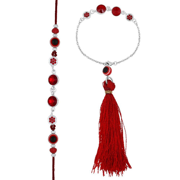 Mahi Red Crystals Studded Evil Eye Lumba with Tassel and Brother Rakhi Set for Bhaiya and Bhabhi (RCOL1105678RRed)