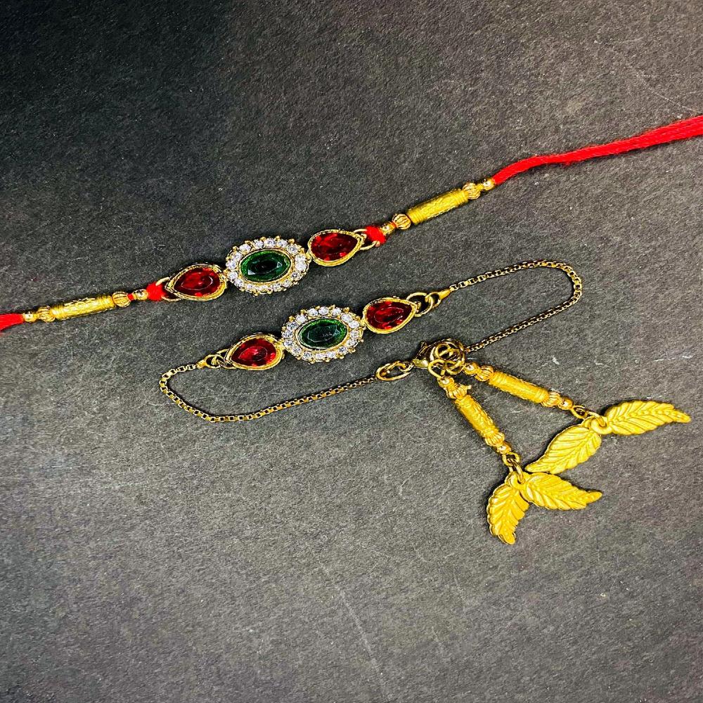 Mahi Colurful Crystals Studded Simple and Classic Lumba and Brother Rakhi Set for Bhaiya and Bhabhi (RCOL1105679GMul)