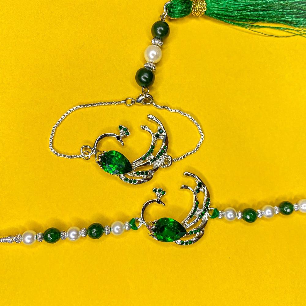 Mahi Peacock-Shaped Green Crystals Lumba with Tassel and Brother Rakhi Set for Bhaiya and Bhabhi (RCOL1105683RGre)